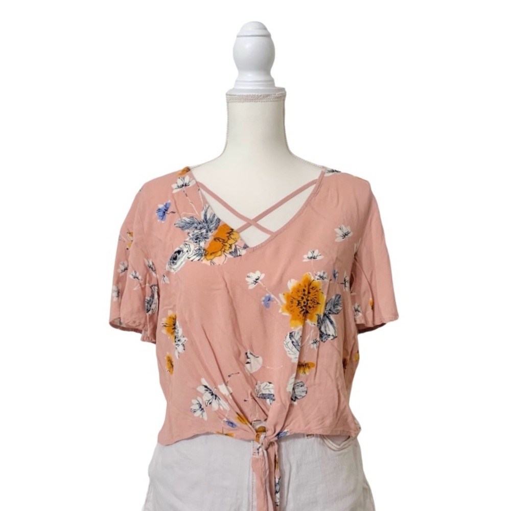 Mudd Pink Floral Crop Top Criss Cross V Neck Tie Front Cropped Short Sleeve LG